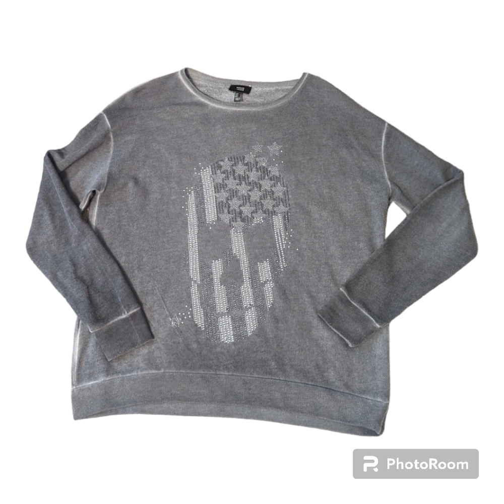 MNG Jeans Gray Silver Flag Skull Design Studded LS Sweatshirt Top Women's Medium